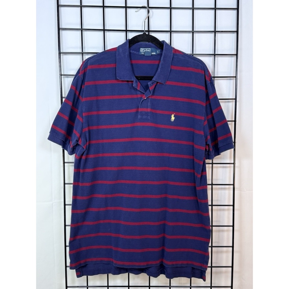 Vintage Polo by Ralph Lauren‎ S/S Polo Shirt Mens L Blue Striped 90s Preppy USA